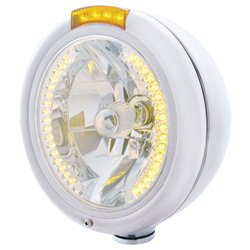 UP32478-Chrome Classic Headlight H4 With 34 Amber LED & Dual Mode LED Signal - Amber Lens
