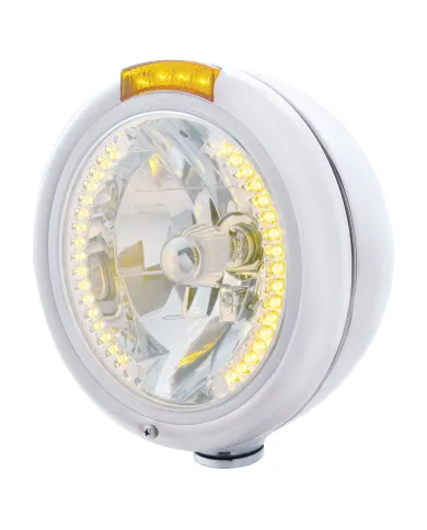UP32478-Chrome Classic Headlight H4 With 34 Amber LED & Dual Mode LED Signal - Amber Lens