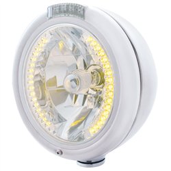 UP32479-Chrome Classic Headlight H4 With 34 Amber LED & Dual Mode LED Signal - Clear Lens