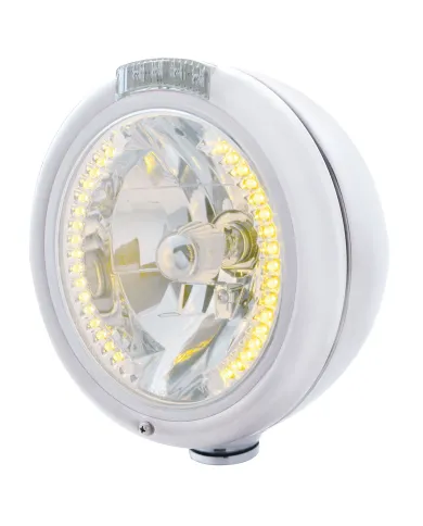 UP32479-Chrome Classic Headlight H4 With 34 Amber LED & Dual Mode LED Signal - Clear Lens