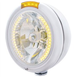 UP32480-Chrome Classic Headlight H4 With 34 Amber LED & LED Signal - Amber Lens