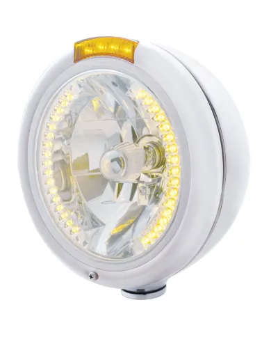 UP32480-Chrome Classic Headlight H4 With 34 Amber LED & LED Signal - Amber Lens