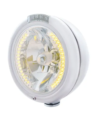 UP32481-Chrome Classic Headlight H4 With 34 Amber LED & LED Signal - Clear Lens