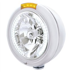 UP32482-Chrome Classic Headlight H4 With 34 White LED & Dual Mode LED Signal - Amber Lens