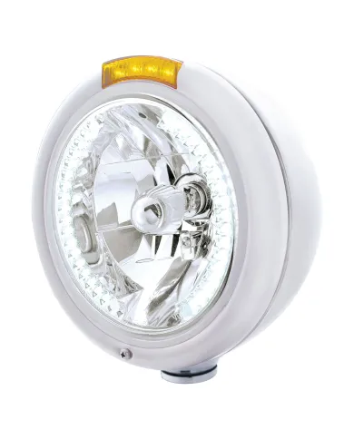 UP32484-Chrome Classic Headlight H4 With 34 White LED & Signal - Amber Lens