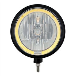 UP32669-Black "Billet" Style Groove Headlight 9007 Bulb With Amber LED Halo Rim