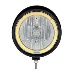 UP32683-Black "Billet" Style Groove Headlight With Visor 9007 Bulb With Amber LED Halo Rim
