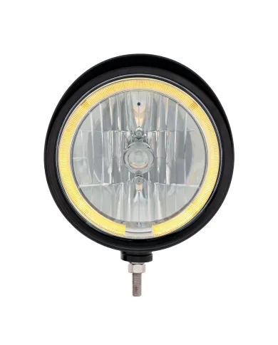 UP32683-Black "Billet" Style Groove Headlight With Visor 9007 Bulb With Amber LED Halo Rim