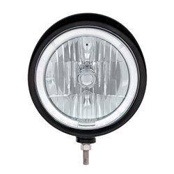UP32684-Black "Billet" Style Groove Headlight With Visor 9007 Bulb With White LED Halo Rim