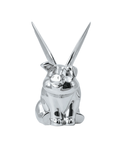 UP72038-Die-Cast Sitting Pig With Wing Hood Ornament-Chrome