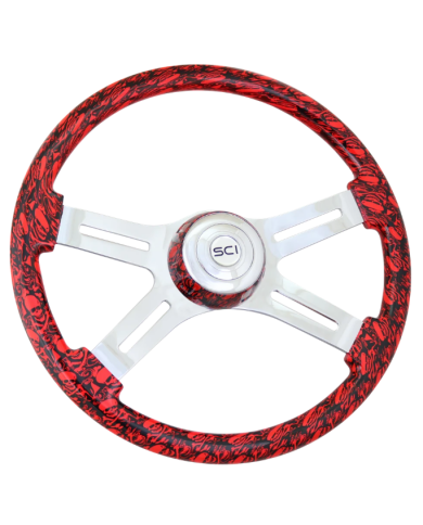 SCI536-3036-77502 - Skulls Viper Red - 18" Printed Wood Rim, Chrome 4-Spoke w/Slot Cut Outs, Matching Bezel, Chrome Horn Button
