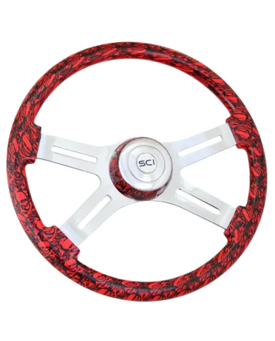 SCI536-3036-77502 - Skulls Viper Red - 18" Printed Wood Rim, Chrome 4-Spoke w/Slot Cut Outs, Matching Bezel, Chrome Horn Button