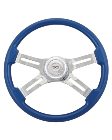 SCI581-3003-77502 - Classic Blue - 18" Painted Wood Rim, Chrome 4-Spoke w/Slot Cut Outs, Chrome Bezel, Chrome Horn Button - SCI 