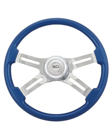 SCI581-3003-77502 - Classic Blue - 18" Painted Wood Rim, Chrome 4-Spoke w/Slot Cut Outs, Chrome Bezel, Chrome Horn Button - SCI 