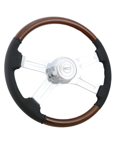 SCI480-3003-77502 - Classic Combo - 18" Wood & Leather Rim, Chrome 4-Spoke w/Slot Cut Outs, Chrome Bezel, Chrome Horn Button - S