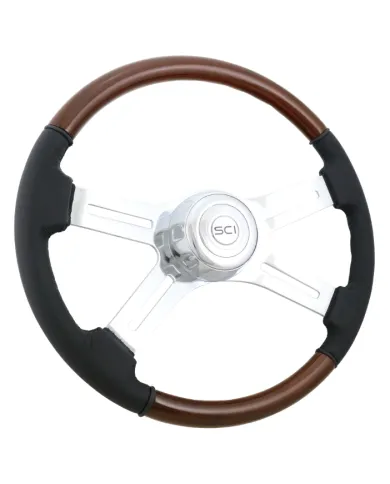 SCI480-3003-77502 - Classic Combo - 18" Wood & Leather Rim, Chrome 4-Spoke w/Slot Cut Outs, Chrome Bezel, Chrome Horn Button - S