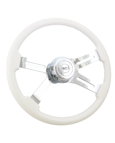 SCI585-3003-77502 - Classic White - 18" Painted Wood Rim, Chrome 4-Spoke w/Slot Cut Outs, Chrome Bezel, Chrome Horn Button - SCI