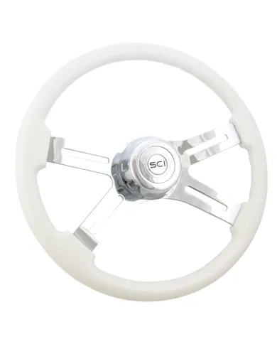 SCI585-3003-77502 - Classic White - 18" Painted Wood Rim, Chrome 4-Spoke w/Slot Cut Outs, Chrome Bezel, Chrome Horn Button - SCI