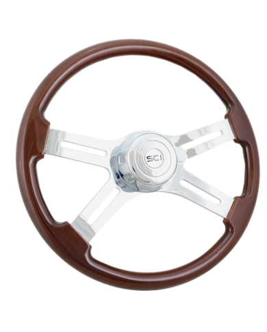 SCI280-3003-77502 - Classic Mahogany - 18" Wood Rim, Chrome 4-Spoke w/Slot Cut Outs, Chrome Bezel, Chrome Horn Button - SCI Logo