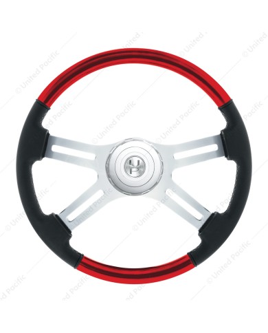 UP88359- 18" Leather & Wood Candy Color 4 Spoke Steering Wheel With Chrome Horn Bezel-Candy Red