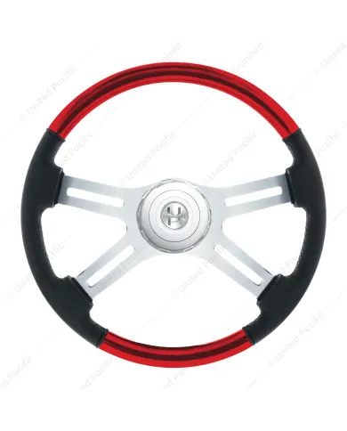 UP88359- 18" Leather & Wood Candy Color 4 Spoke Steering Wheel With Chrome Horn Bezel-Candy Red