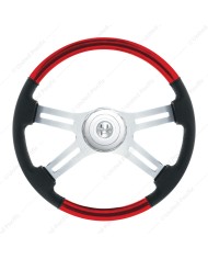 UP88359- 18" Leather & Wood Candy Color 4 Spoke Steering Wheel With Chrome Horn Bezel-Candy Red