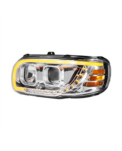 UP32916-Chrome Projection Headlight With LED Turn Signal & Light Bar For 2008-2024 Peterbilt 389-Driver