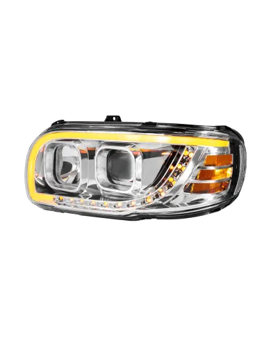 UP32916-Chrome Projection Headlight With LED Turn Signal & Light Bar For 2008-2024 Peterbilt 389-Driver