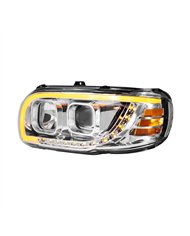 UP32916-Chrome Projection Headlight With LED Turn Signal & Light Bar For 2008-2024 Peterbilt 389-Driver