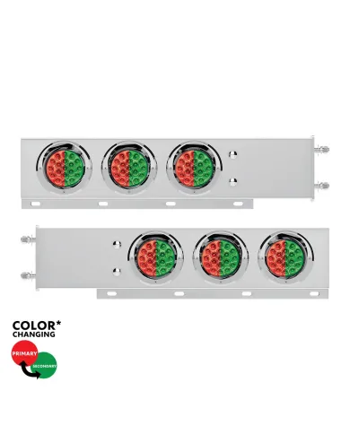 UP61045-3-3/4" Bolt Pattern SS Spring Loaded Light Bar With 6X Double Fury 19 LED Lights & Visors-Red & Green(Pair)