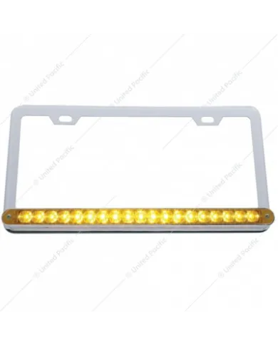 UP37946-Chrome License Plate Frame With 19 LED 12" Reflector Light Bar - Amber LED/Amber Lens