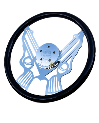 18" CHROME DUAL PISTOLE WITH BLACK GRIP - 5 HOLE HORN BUTTON (FS ENGRAVING)