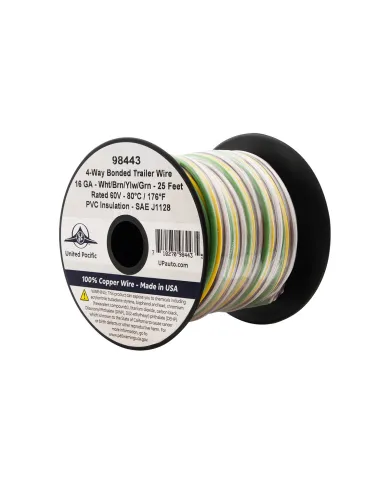 UP98443-Trailer Wire Bonded - Rated 80 C 16 AWG 4-Way, Wht/Brn/Ylw/Grn 25 Ft.