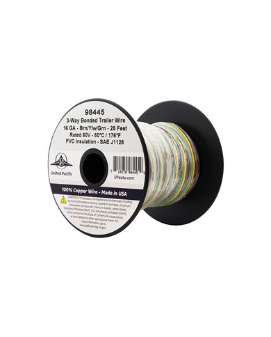 UP98445-Trailer Wire Bonded - Rated 80 C 16 AWG 3-Way, Brn/Ylw/Grn 25 Ft.
