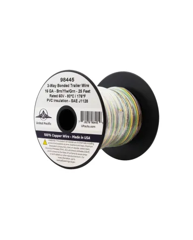 UP98445-Trailer Wire Bonded - Rated 80 C 16 AWG 3-Way, Brn/Ylw/Grn 25 Ft.
