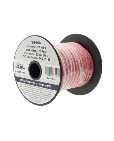 UP98446-Primary Wire - Rated 80 C 8 AWG, Red 25 Ft.