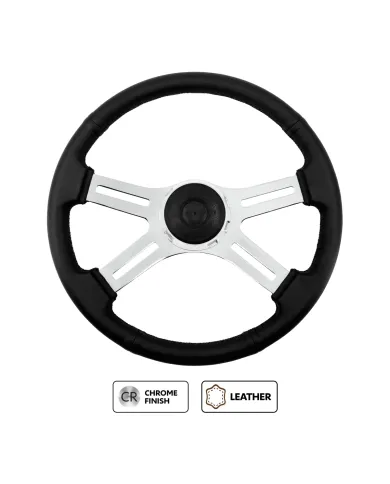 UP88417- 18" Black Leather Rim 4 Spoke Steering Wheel With Chrome Horn Bezel and Horn Button