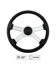 UP88417- 18" Black Leather Rim 4 Spoke Steering Wheel With Chrome Horn Bezel and Horn Button