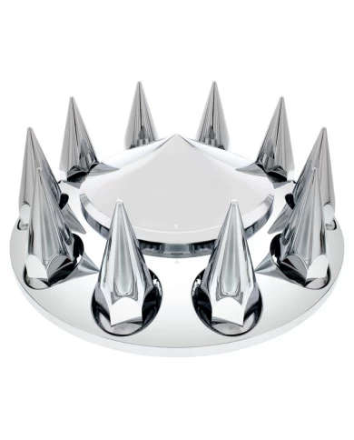 (CBOX) CHROME PLASTIC POINTED FRONT AXLE COVER W/ REMOVABLE HUB CAP - 33mm THREAD-ON SPIKE NUT COVER