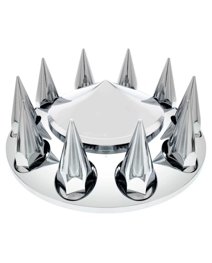 (CBOX) CHROME PLASTIC POINTED FRONT AXLE COVER W/ REMOVABLE HUB CAP - 33mm THREAD-ON SPIKE NUT COVER (CBOX) CHROME PLASTIC POINTED FRONT AXLE COVER W/ REMOVABLE HUB CAP - 33mm THREAD-ON SPIKE NUT COVER