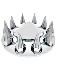 (CBOX) CHROME PLASTIC POINTED FRONT AXLE COVER W/ REMOVABLE HUB CAP - 33mm THREAD-ON SPIKE NUT COVER (CBOX) CHROME PLASTIC POINTED FRONT AXLE COVER W/ REMOVABLE HUB CAP - 33mm THREAD-ON SPIKE NUT COVER