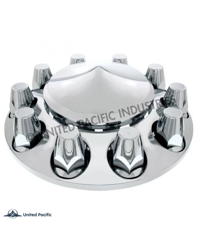 (CBOX) CHROME PLASTIC POINTED FRONT AXLE COVER W/ REMOVABLE HUB CAP - 33mm THREAD-ON NUT COVER