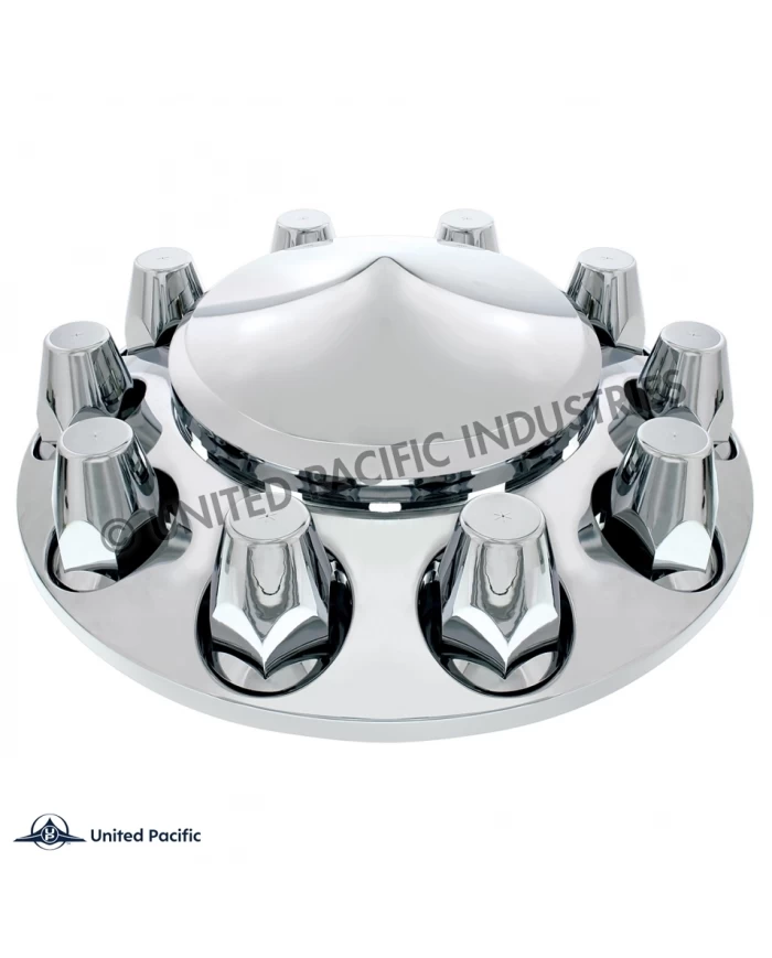 (CBOX) CHROME PLASTIC POINTED FRONT AXLE COVER W/ REMOVABLE HUB CAP - 33mm THREAD-ON NUT COVER (CBOX) CHROME PLASTIC POINTED FRONT AXLE COVER W/ REMOVABLE HUB CAP - 33mm THREAD-ON NUT COVER