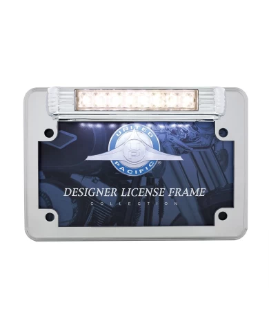 (CARD) MOTORCYCLE CHROME LICENSE PLATE FRAME WITH LED BACK-UP LIGHT AND LED LICENSE LIGHT (CARD) MOTORCYCLE CHROME LICENSE PLATE FRAME WITH LED BACK-UP LIGHT AND LED LICENSE LIGHT