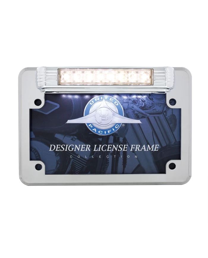 (CARD) MOTORCYCLE CHROME LICENSE PLATE FRAME WITH LED BACK-UP LIGHT AND LED LICENSE LIGHT (CARD) MOTORCYCLE CHROME LICENSE PLATE FRAME WITH LED BACK-UP LIGHT AND LED LICENSE LIGHT