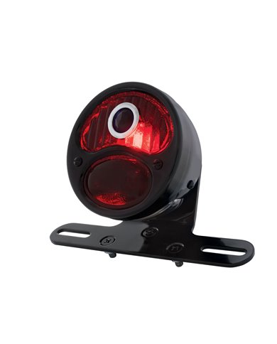 (BOX) ALL-BLACK "DUOLAMP" MOTORCYCLE REAR FENDER TAIL LIGHT, RED GLASS LENS W/ BLUE DOT, 12 VOLT (BOX) ALL-BLACK "DUOLAMP" MOTORCYCLE REAR FENDER TAIL LIGHT, RED GLASS LENS W/ BLUE DOT, 12 VOLT