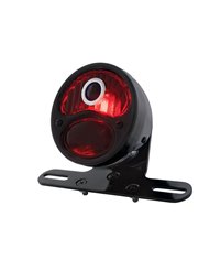 (BOX) ALL-BLACK "DUOLAMP" MOTORCYCLE REAR FENDER TAIL LIGHT, RED GLASS LENS W/ BLUE DOT, 12 VOLT (BOX) ALL-BLACK "DUOLAMP" MOTORCYCLE REAR FENDER TAIL LIGHT, RED GLASS LENS W/ BLUE DOT, 12 VOLT