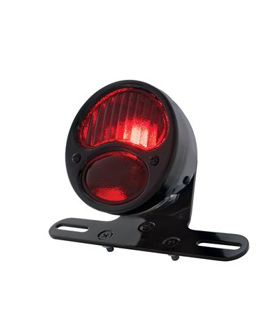 (BOX) ALL-BLACK "DUOLAMP" MOTORCYCLE REAR FENDER TAIL LIGHT, RED GLASS LENS, 12 VOLT (BOX) ALL-BLACK "DUOLAMP" MOTORCYCLE REAR FENDER TAIL LIGHT, RED GLASS LENS, 12 VOLT