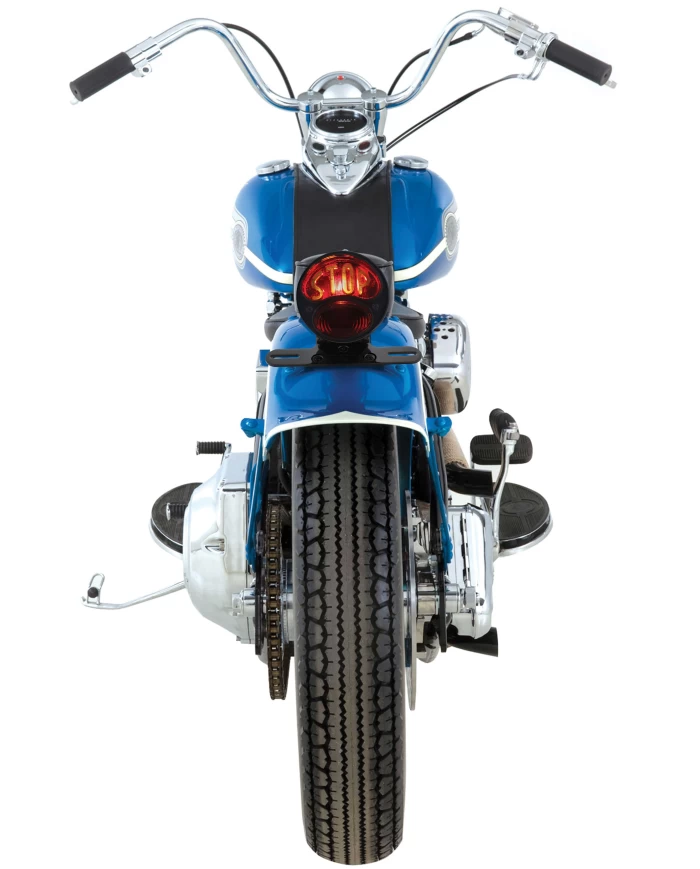 (BOX) ALL-BLACK "DUOLAMP" MOTORCYCLE REAR FENDER TAIL LIGHT, GLASS LENS W/ ""STOP" LETTERING, 12 VOLT (BOX) ALL-BLACK "DUOLAMP" MOTORCYCLE REAR FENDER TAIL LIGHT, GLASS LENS W/ ""STOP" LETTERING, 12 VOLT