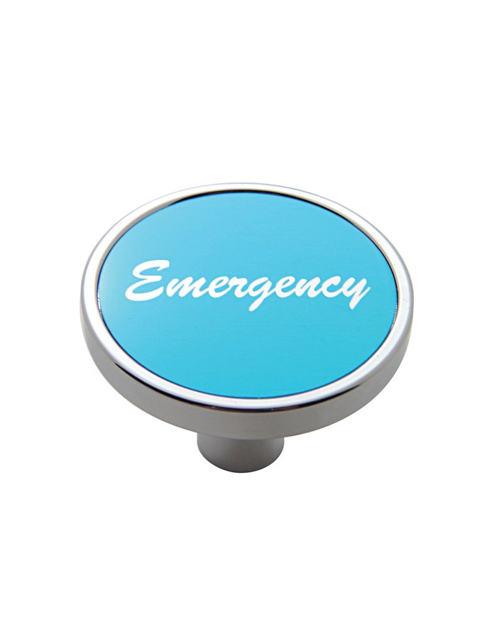 (CARD) CHROME SHORT PIN MOUNT AIR VALVE KNOB W/ ALUMINUM "EMERGENCY" STICKER - BLUE